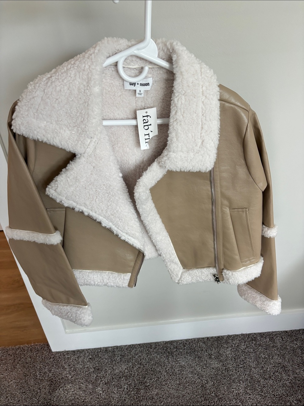 fab'rik Taupe Faux Leather Cropped Shearling Jacket